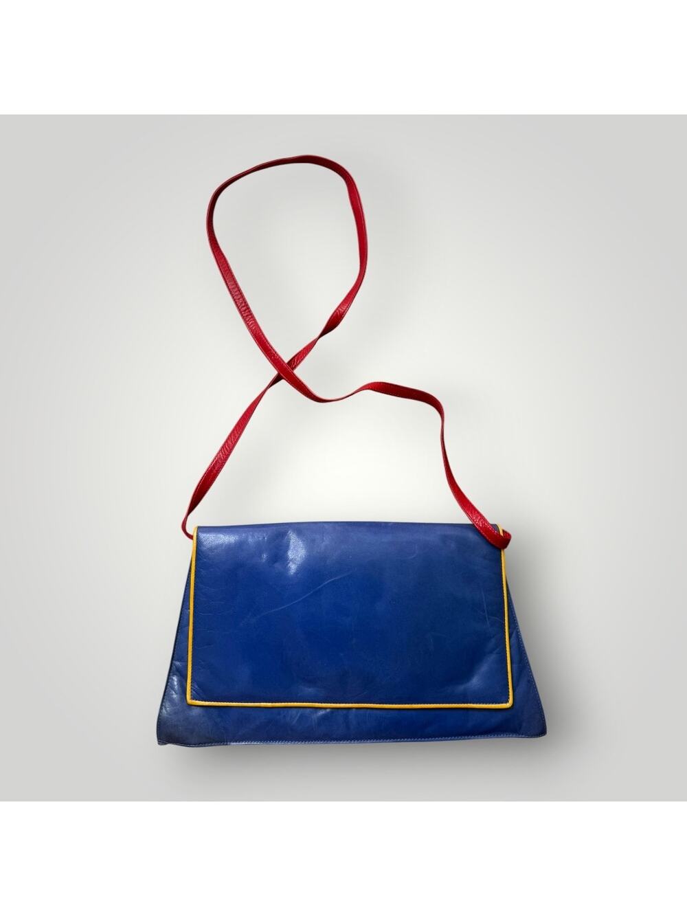 Vintage Charles Jourdan Paris France Colorblock Leather Shoulder Bag Blue